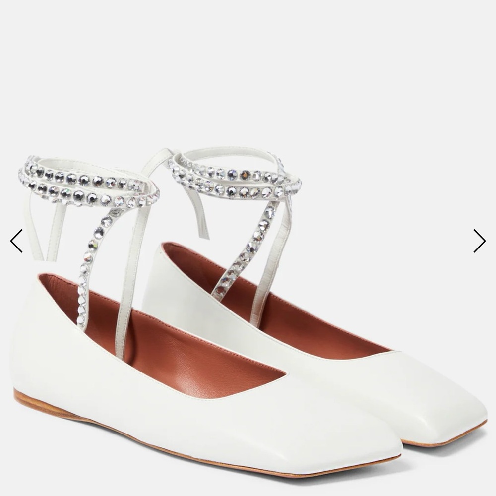 Amina Muaddi White Crystal Ankle Strap Flats